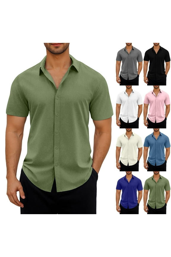 Mens Button Down Shirt Casual Loose Short Sleeve Dress Shirts Plain Solid Lapel Collar Summer Blouse Tops Business Workwear Blue S