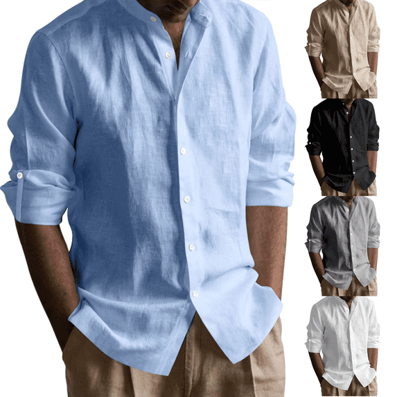Jinhomg Mens Button Down Shirts Stand-up Collar Long Sleeve Shirt Regular Fit Solid Linen Cotton Beach Vacation T Shirt with Pockets