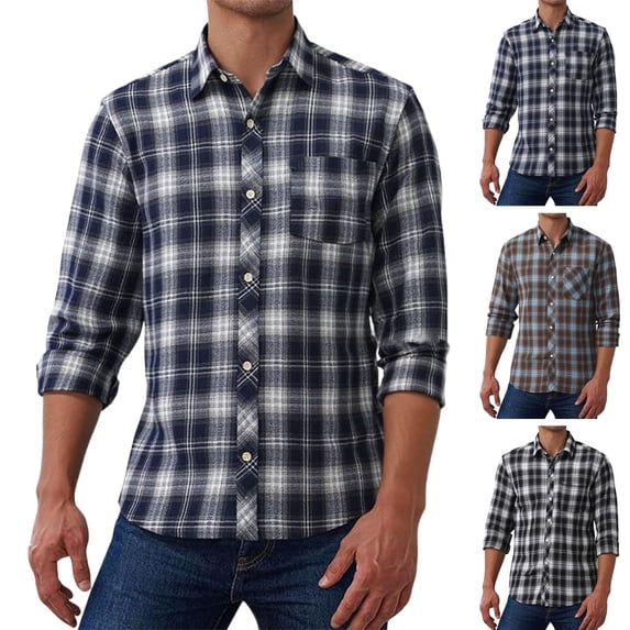 Jinhomg Mens Button Down Shirts Long Sleeve Plaid Shirt Jacket Soft Lightweight Casual Tops With Chest Pockets Navy,XXL