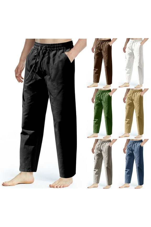 Mens Casual Cotton Linen Pants Big and Tall Comfy Elastic Drawstring Waist Lounge Pants Lightweight Breathable Straight Leg Beach Pants Seasonal Sale XXL