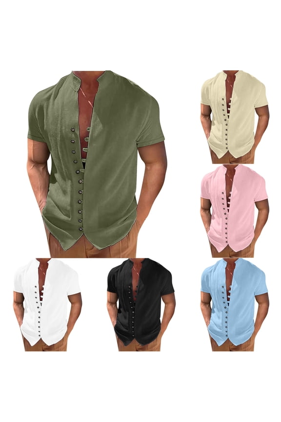 Mens Casual Cotton Linen Shirt Vintage Short Sleeve Frog Button Shirts Plain Stand Collar Summer Beach Hawaiian Tops Fall Saving Black XXL