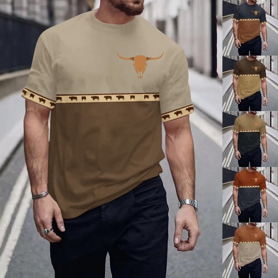 Jinhomg Mens Casual Graphic T-Shirts Vintage Western Animal Print Tees Big and Tall Comfy Short Sleeve Crew Neck Tops 2025 Daily Wear Winter Saving Bronze XL