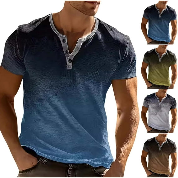 Jinhomg Mens Casual Henley Shirts 2025 Fashion Gradient Color Work T-Shirt Lightweight Comfy Short Sleeve Button Tees Spring Summer Everyday Tops Men Brown XXXL