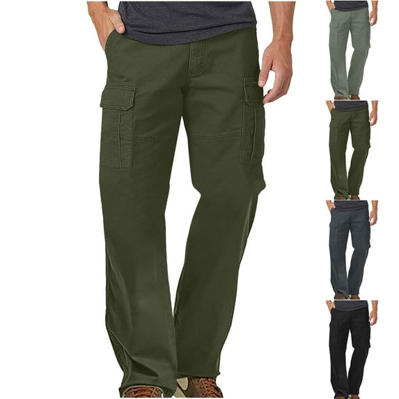 Jinhomg Mens Casual Solid Cargo Pant Loose Fit Comfy Straight Leg Work Pants Big and Tall Elastic Waist Full Length Cargo Trousers with Pockets 2025 Saving Green M
