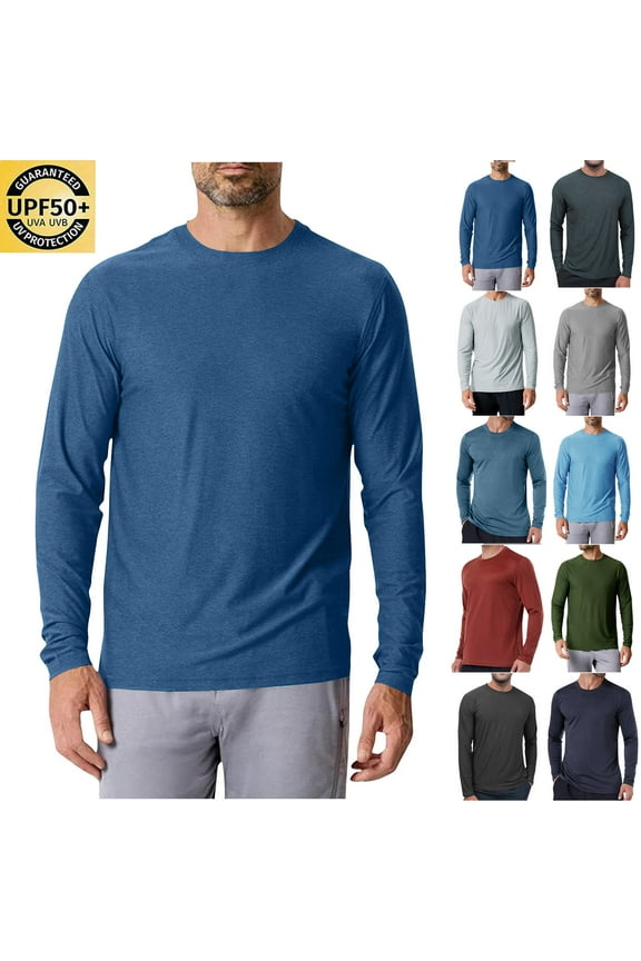Mens Casual Solid Shirts Lightweight UPF 50+ Sun Protection Shirt Soft Comfy Long Sleeve Crew Neck Milk Silk Tops Spring Summer Tees Todays Silver M