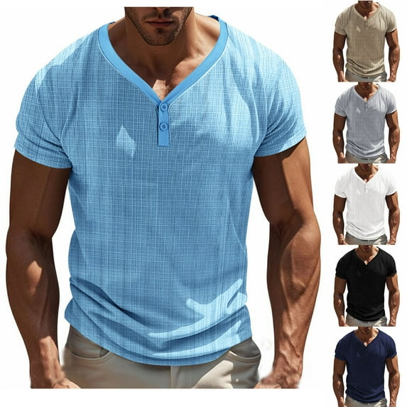 Jinhomg Mens Casual Summer Shirts Trendy Deep V-Neck Henley Shirt Muscle Fit Comfy Short Sleeve Linen T-Shirt Lightweight Breathable Tops White XL
