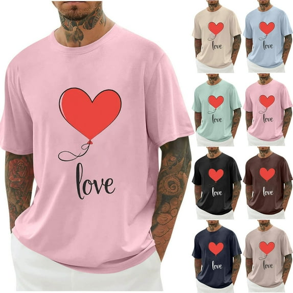 Jinhomg Mens Casual Tee Shirts Trendy Valentine's Day Heart Graphic T-Shirts Big and Tall Comfy Short Sleeve Crew Neck Holiday Tops Dating Wear Beige XXXL