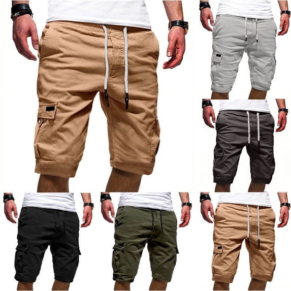 Jinhomg Mens Casual Work Shorts Big and Tall Multi-Pocket Cargo Shorts Lightweight Comfy Elastic Drawstring Waist Cotton Shorts Outdoor Sportswear Prime Deals Black XXL