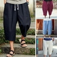 thumbnail image 1 of Jinhomg Mens Cotton Linen Capri Pants Lightweight Comfy Elastic Waist Harem Pant Big and Tall Comfy Wide Leg Lounge Pants Summer Vacation Beachwear Holiday 4XL, 1 of 5