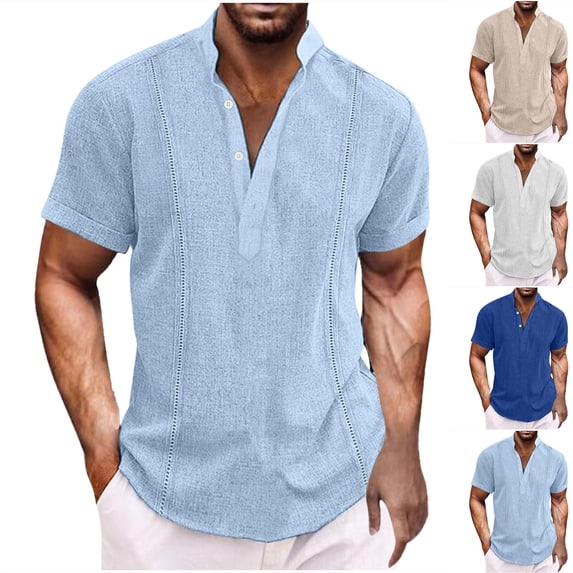Jinhomg Mens Cotton Linen Henley Shirts Lightweight Comfy Short Sleeve Tropical Beach Tops Summer Button V-Neck Collared Hawaiian Pullovers Items for Men Light Blue XXL
