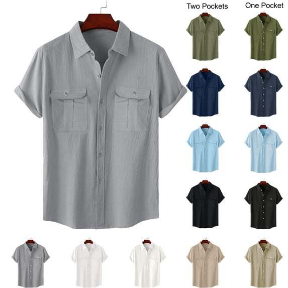 Jinhomg Mens Cotton Linen Shirt Lightweight Comfy Short Sleeve Button Down Shirts Big and Tall Casual Solid Vacation Beach Tops with Pockets Holiday Sales Army Green XXL