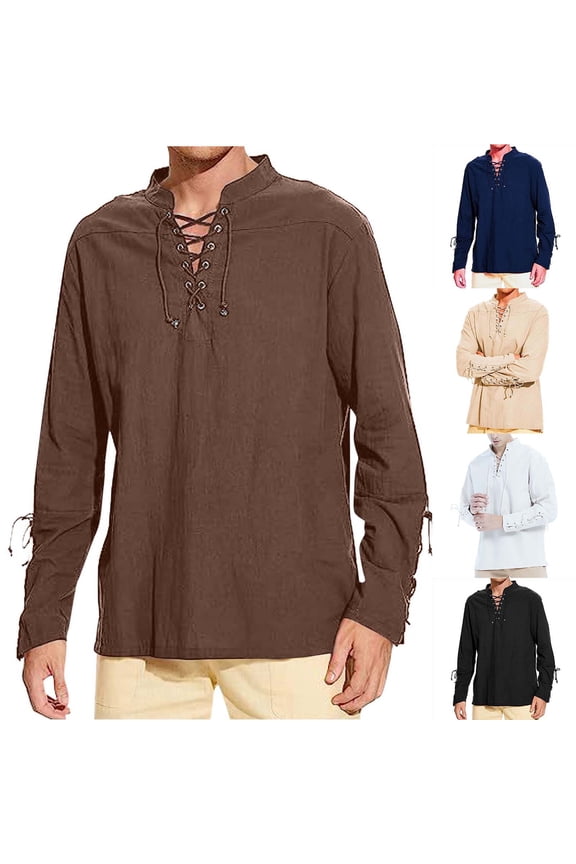 Mens Cotton Linen Shirts Retro Lace Up Long Sleeve Spring Summer Shirt Renaissance Pirate Viking Medieval Costume Items for Men Black XXXL