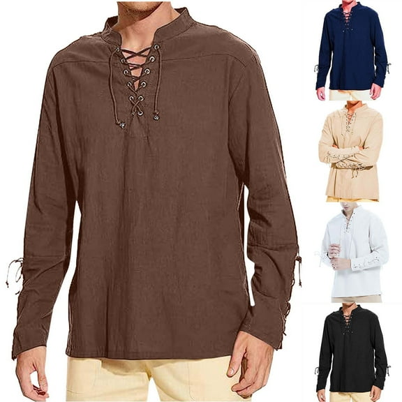 Jinhomg Mens Cotton Linen Shirts Retro Lace Up Long Sleeve Spring Summer Shirt Renaissance Pirate Viking Medieval Costume Holiday Saving Khaki S
