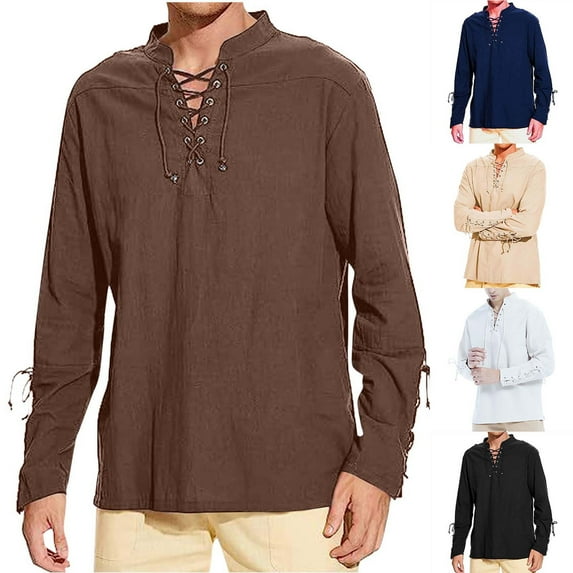 Jinhomg Mens Cotton Linen Shirts Retro Lace Up Long Sleeve Spring Summer Shirt Renaissance Pirate Viking Medieval Costume White XXXL