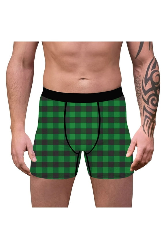 Mens Everyday Boxers Vintage Plaid Print Boxer Briefs Lightweight Comfy Elastic Waistband Sleep Underwear Daily Underpants Green L