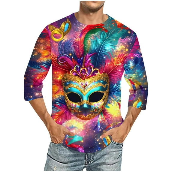 Jinhomg Mens Fancy Holiday T Shirts Novelty Mardi Gras Mask Graphic Tees Big and Tall Casual Comfy 3/4 Sleeve Tops Tuesday Carnival Party Streetwear Multicolor XL