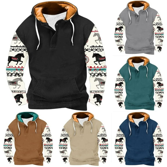 Jinhomg Mens Fleece Lined Hoodies Vintage Western Cowboy Sweatshirts Casual Comfy Long Sleeve Country Graphic Pullover Tops with Pocket Dark Blue XL