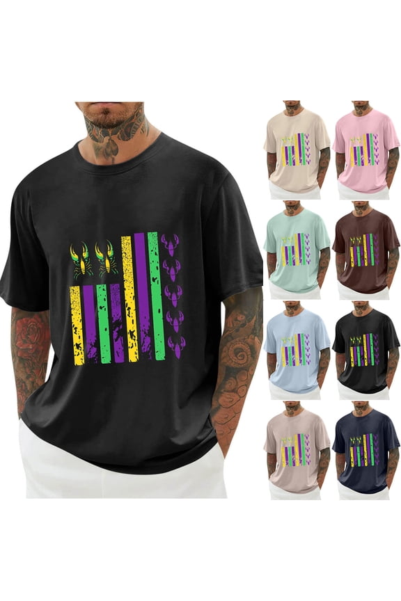 Mens Funny Party Tee Shirt 2025 Fashion Mardi Gras Print Tops Big and Tall Casual Short Sleeve Crew Neck Holiday T-Shirts Tuesday Carnival Wear Light Blue L