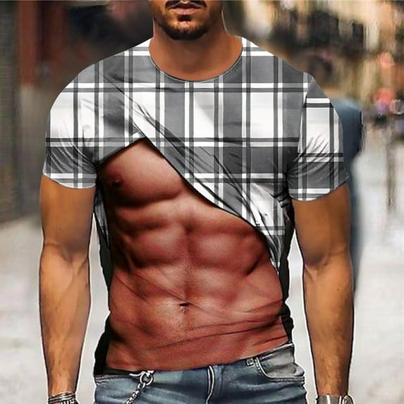 Jinhomg Mens Funny Party Tops Novelty Funny 3D Muscle Plaid Print T-Shirts Big and Tall Comfy Short Sleeve Crew Neck Tees 2025 Fashion Tops Fall Saving White XXXXL
