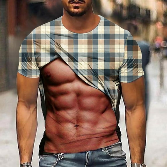 Jinhomg Mens Funny Party Tops Novelty Funny 3D Muscle Plaid Print T-Shirts Big and Tall Comfy Short Sleeve Crew Neck Tees 2025 Fashion Tops White XXXL