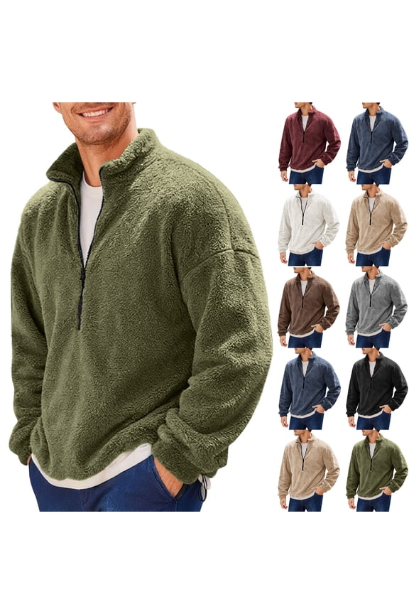 Mens Fuzzy Sherpa Sweatshirt Casual Half Zipper Pullover Tops Long Sleeve Mock Neck Sweater Warm Winter Fall Fleece Outwear