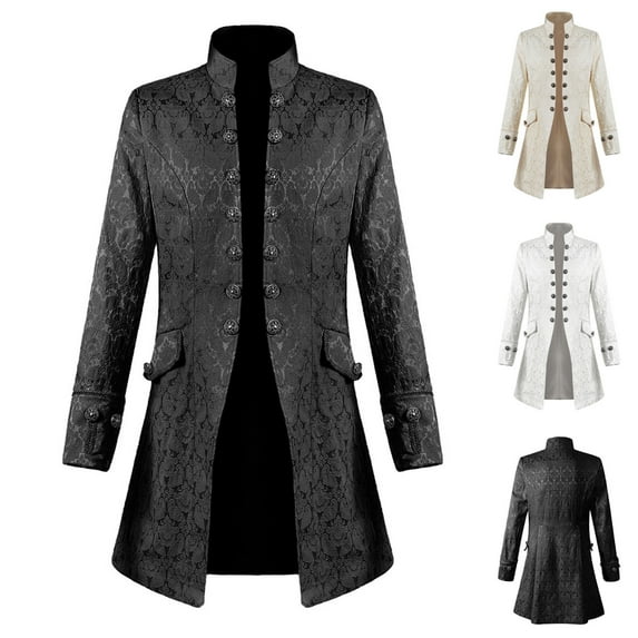 Jinhomg Mens Gothic Tailcoat Jacket Halloween Costume Vintage Goth Long Steampunk Frock Coat formal Victorian Uniform Beige,L