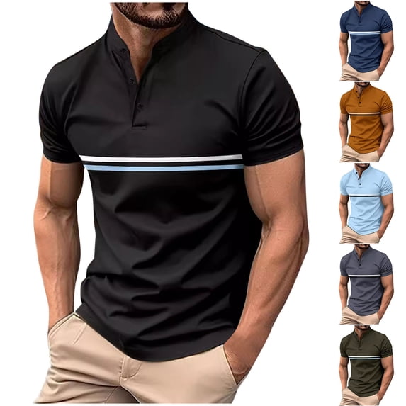 Jinhomg Mens Henley Shirts 2025 Fashion Color Block Casual Work Tops Lightweight Comfy Short Sleeve Button V-Neck Shirt Business Office Clothes Summer Saving Gray M