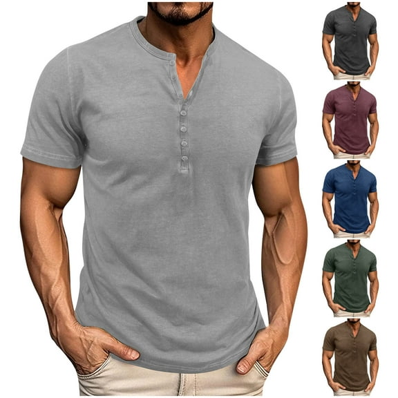 Jinhomg Mens Henley Shirts Dressy Casual Solid Short Sleeve Summer T Shirts Lightweight Comfy Button V-Neck Pullover Tops with Pocket Holiday Sales Dark Gray XXL