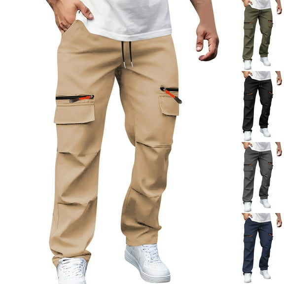Jinhomg Mens Hiking Cargo Pants Casual Elastic Waist Drawstring Joggers Straight Travel Tapered Sweatpants with Multi Pockets Navy,M