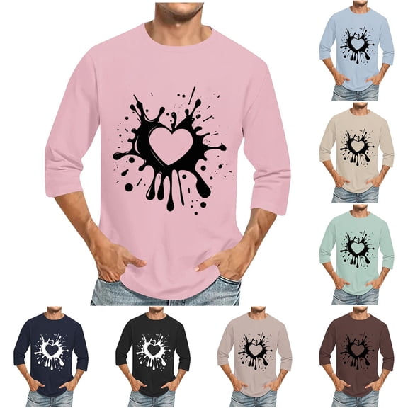 Jinhomg Mens Holiday T Shirt Novelty Valentine's Day Heart Print Tops Big and Tall Comfy 3/4 Sleeve Crew Neck Tees Holiday Dating Wear Beige XL