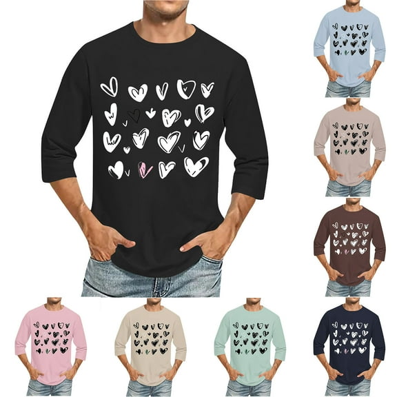 Jinhomg Mens Holiday Tops 2025 Trendy Valentine's Day Heart Print Shirts Big and Tall Comfy 3/4 Sleeve Crew Neck T-Shirts Male Dating Wear Beige L