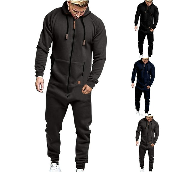 Jinhomg Mens Hooded Onesie Jumpsuit Casual Full Zip One-Piece Tracksuit Long Sleeve Athletic Rompers with Pockets Male Jogger Sweatsuits Black XXXL