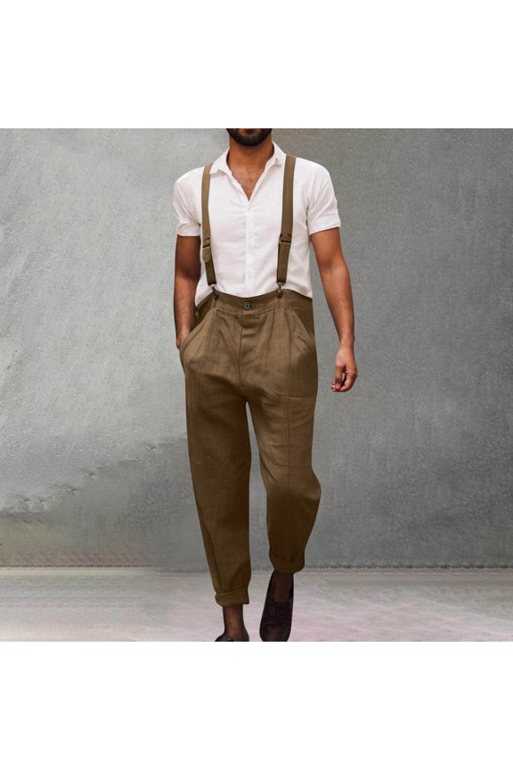 Mens Loose Fit Jumpsuits Big And Tall Linen Bib Overalls Adjujstable Strap Long Rompers With Pockets Retro Style Workwear Brown XXL