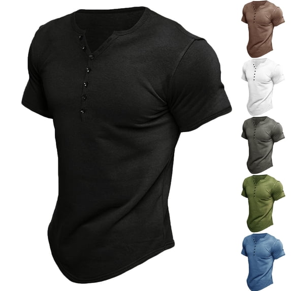 Jinhomg Mens Muscle T Shirts Casual Solid Henley Shirts Slim Fit Comfy Short Sleeve Button Up Tees Lightweight Spring Summer Tops Deal of The Day Prime Today Black XL