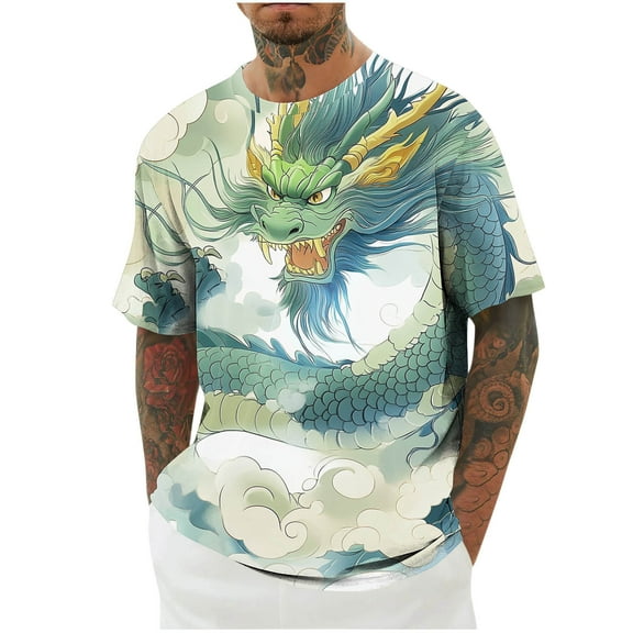 Jinhomg Mens Novelty T Shirts Fashion Chinese Style Dragon Graphic Tees Big and Tall Comfy Short Sleeve Round Neck Pullover Lightweight Summer Tops Items for Men Green XXXL