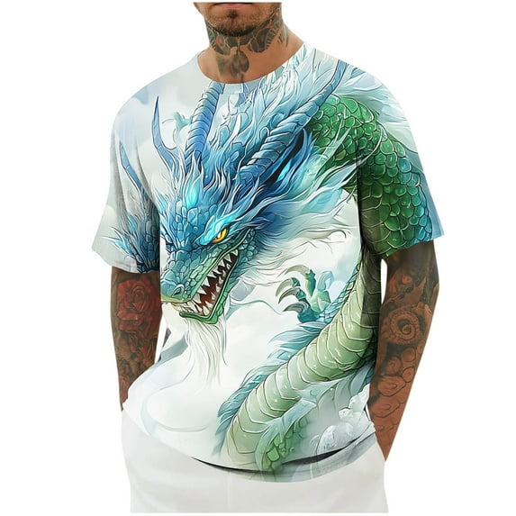 Jinhomg Mens Novelty T Shirts Fashion Chinese Style Dragon Graphic Tees Big and Tall Comfy Short Sleeve Round Neck Pullover Lightweight Summer Tops Summer Saving Green XXL