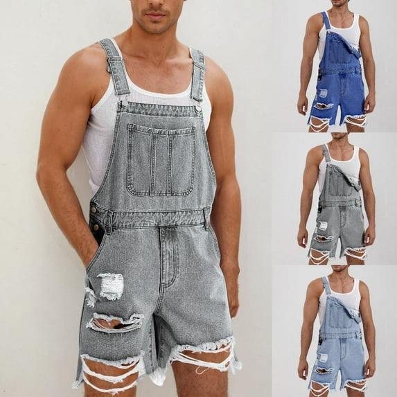 Jinhomg Mens Overalls Shorts Fashion Casual Ripped Distressed Jean Jumpsuit Loose Fit Comfy Adjustable Straps Bib Pants with Pockets Washed Workwear Gray L