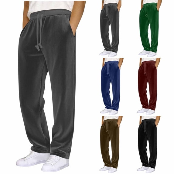 Jinhomg Mens Pants Relaxed Fit Big and Tall Corduroy Pants Elastic Waist Drawstring Straight Sweatpants Fall Fashion Trouser with Pockets Coffee,L