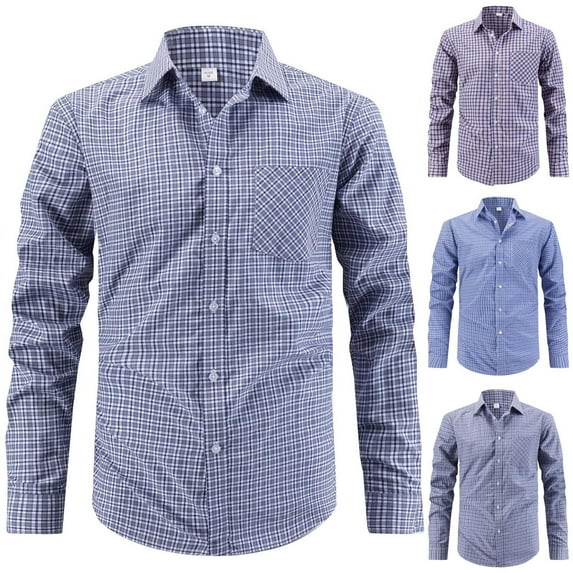 Jinhomg Mens Plaid Button Down Shirts Cotton Long Sleeve Dress Shirts Regular Fit Casual Gingham Shirts With Pocket Blue,XL