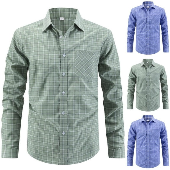 Jinhomg Mens Plaid Button Down Shirts Cotton Long Sleeve Dress Shirts Regular Fit Casual Gingham Shirts With Pocket Green,S