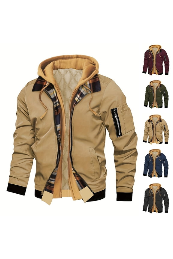 Mens Plaid Patchwork Jackets Fake Two Piece Hooded Jacket Zip Quilted Lined Coat Outdoor Thermal Winter Coats Outerwear
