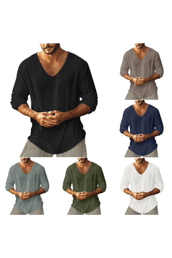 Mens Plain Long Sleeve Shirts Soft Comfortable V Neck Full Sleeves Tees Fashion Summer Tunic Tops Daily Wear Khaki S