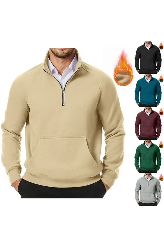Mens Quarter Zip Sweatshirts Mock Collar Long Sleeve Solid Pullover Top Winter Warm Fleece Cozy Sweater Shirt Gray,S