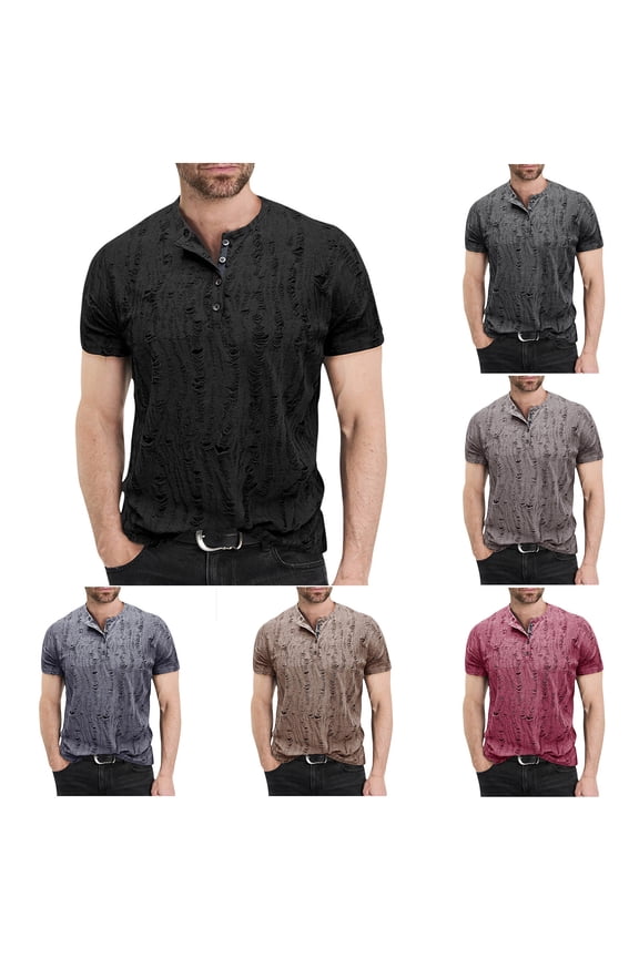 Mens Ripped Hole T Shirt 2025 Trendy Distressed Hipster Henley Shirt Summer Casual Short Sleeve Round Neck Tees Streetwear Holiday Saving Navy L