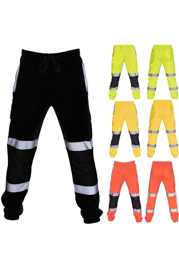 Mens Safety Work Pants Drawstring High Visibility Trousers Striped Reflective Outdoor Pant Waterproof Stretchy Ripstop Cargo Pants Black,XXXXL