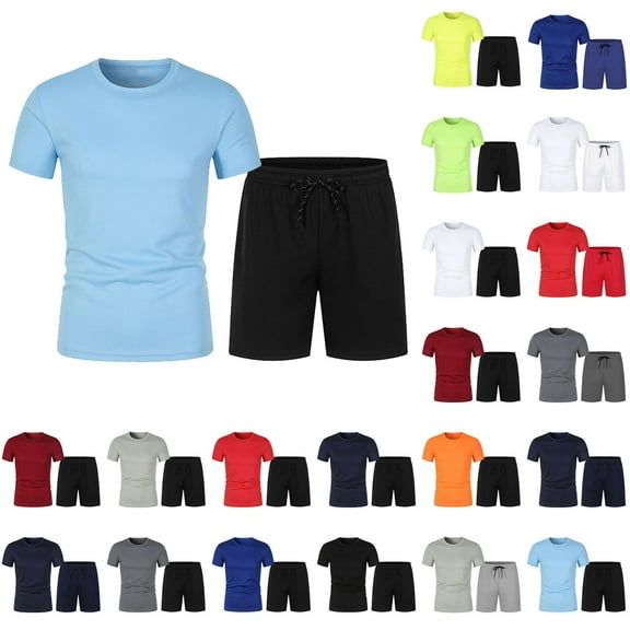 Jinhomg Mens Short Sets Casual Short Sleeve Crew-Neck Shirts with Shorts 2 Piece Plain Solid Outfits Comfort Spring Summer Loungewear Beige L