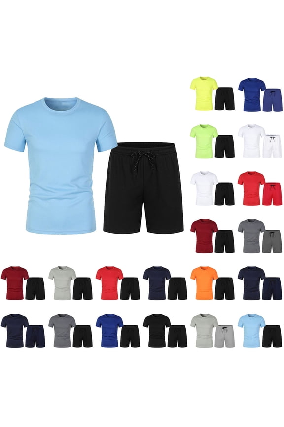 Mens Short Sets Casual Short Sleeve Crew-Neck Shirts with Shorts 2 Piece Plain Solid Outfits Comfort Spring Summer Loungewear Blue XL