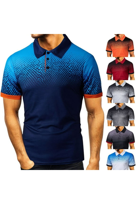 Mens Short Sleeve Summer Shirts Trendy Gradient Polka Dot Print Polos Shirt Big and Tall Comfy Lapel Collared Button Up Golf Shirts Winter Saving Navy XXL
