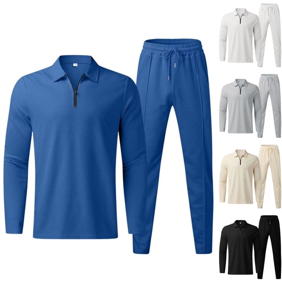 Jinhomg Mens Spring Outfit 2 Piece Comfy Waffle Sweatsuits Casual Solid Quarter Zip Sweatshirt with Elastic Drawstring Waist Jogger Pants Deal of The Day Clearance Blue M