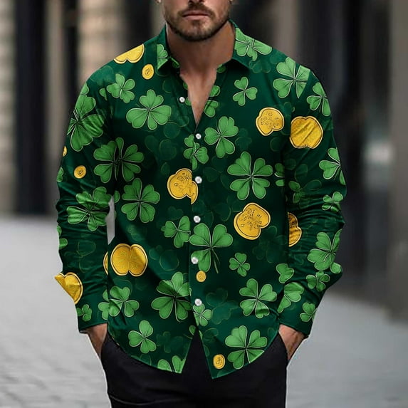Jinhomg Mens St. Patrick's Day Shirts Funny Cute Shamrock Graphic Holiday Shirt Regular Fit Long Sleeve Button Down Shirts Party Tops Multicolor XXL